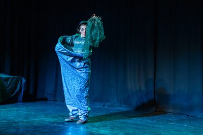 Ruxy Cantir stands on stage in front of a black curtain. They are dressed as a clown and holding a net. The lighting and costume are blue and green.