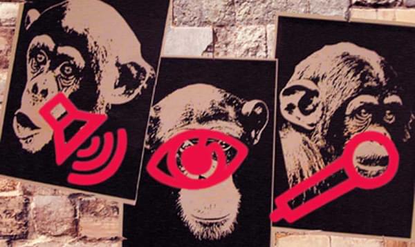 Against a brick wall, three black and white images of monkeys are overlaid with a volume symbol, an eye symbol and a microphone symbol.
