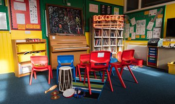 Photograph of a box office sign in a school classroom