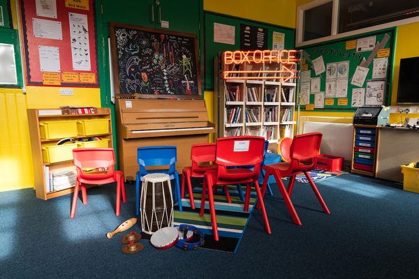 Photograph of a box office sign in a school classroom