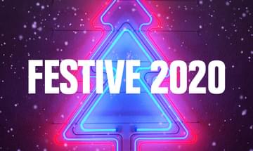 Text reading 'festive 2020' over a neon christmas tree