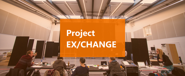 An orange square with the text, Project Ex/Change