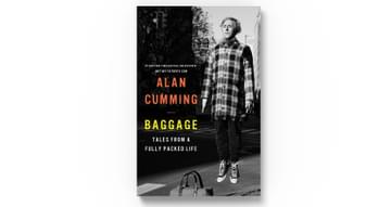Book cover. Featuring Alan Cumming levitating above a pavement