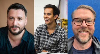 Headshots of James Ley, Suba Das and Damian Barr