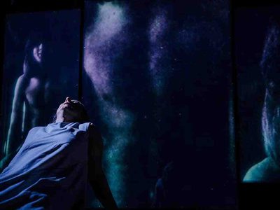 woman with shoulder length grey hair in a grey dress is sitting down and leaning back. Behind her, the torso of a man is projected onto a screen.