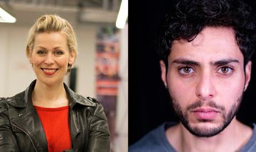 On the left is Cora Bissett, On the right is a portrait of Adam Kashmiry
