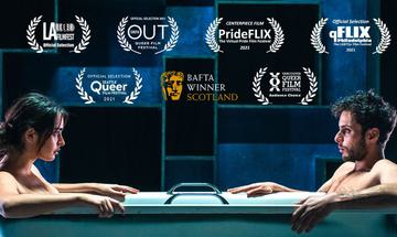 Poster for Adam showing a man and a woman facing each other in a bathtub, and several laurels promoting the production.