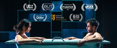 Poster for Adam showing a man and a woman facing each other in a bathtub, and several laurels promoting the production.