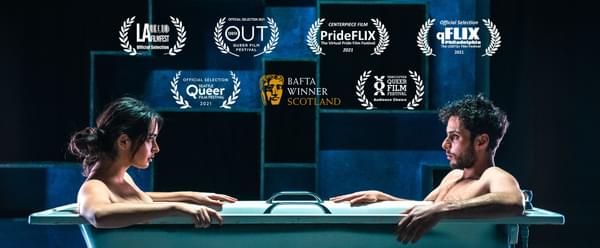Poster for Adam showing a man and a woman facing each other in a bathtub, and several laurels promoting the production.