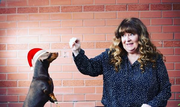 A sausage dog in a santa hat on hind legs beside a woman sitting cross-legged