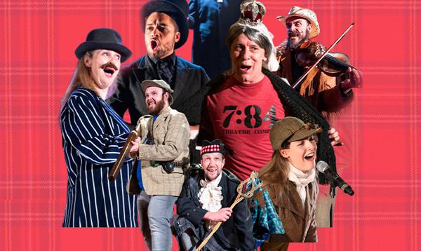 A collage for The Cheviot, The Stag and The Black, Black Oil (2019 - 2020) featuring all actors in various costumes on a red tartan background.