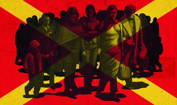 An illustration showing a group of woman wearing heavy coats, hats and scarves. One holds the hand of a young child walking beside them. The image is overlaid in red, with a yellow saltire cross cutting across.