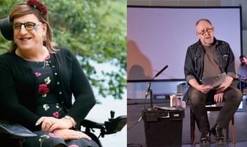 On the left is a woman in a wheelchair looking off to the right. On the right a man is sat on a stool with a screen in the background and a script in his hand.