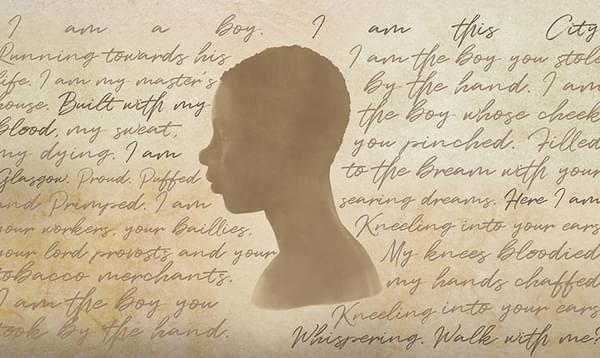 An illustration of a boy in profile with handwritten text in the background