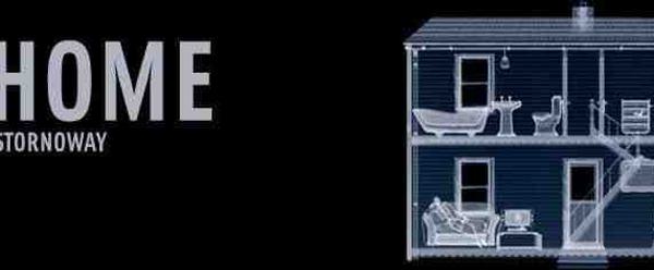 A black background with the words Home Stornoway on the left, with a blueprint of a house in blue on the right.