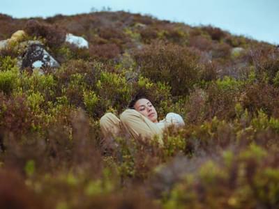 A person reclined amongst small wild plants