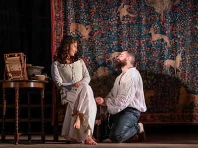 A man kneels before a lady, she smiles down at him