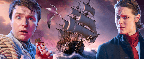 Two actors with puzzled expressions against the backdrop of a pirate ship, one holds a rope and a chocolate bar, the other an electric guitar.