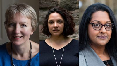 Three headshots for three members of the production spliced together