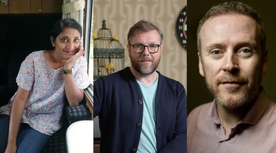 Headshots of Chitra Ramaswamy, Damian Barr and Paul English