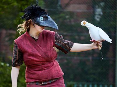 Woman wearing a crow mask with a bird puppet in her hand