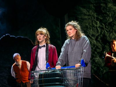 Liberty Black and Karen Fishwick stand behind a shopping trolley looking serious.
